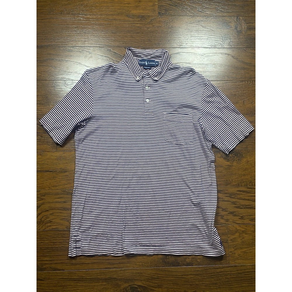 Ralph Lauren Mens Pima Cotton Striped‎ Polo Shirt Navy Pink Pocket Medium